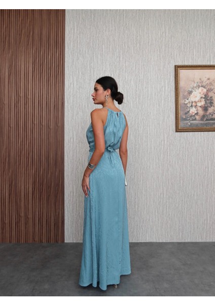 Mint Bel Bağlamalı Yırtmaçlı Elbise