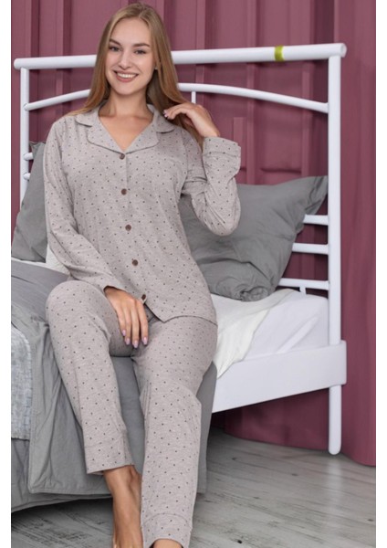 Kadın Uzun Kol Önden Düğmeli Kahve Pijama Takım 6149