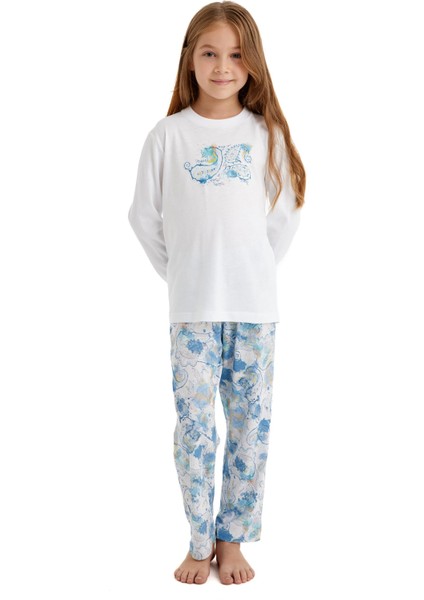 Kız Çocuk Uzun Kol Beyaz Pijama Takımı C6T3N6O15