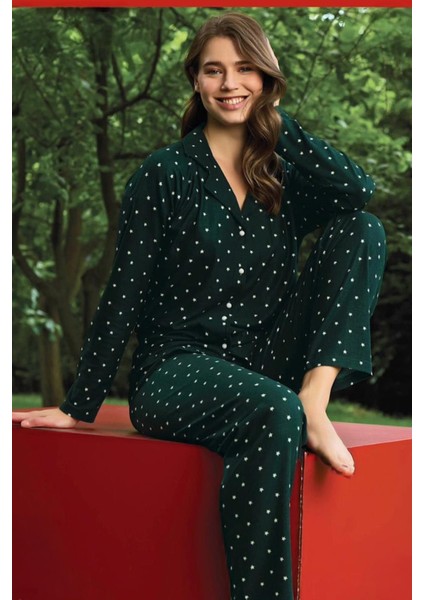 Kadın Önden Düğmeli Süet Yeşil Pijama Takımı C5T6N6O0-17