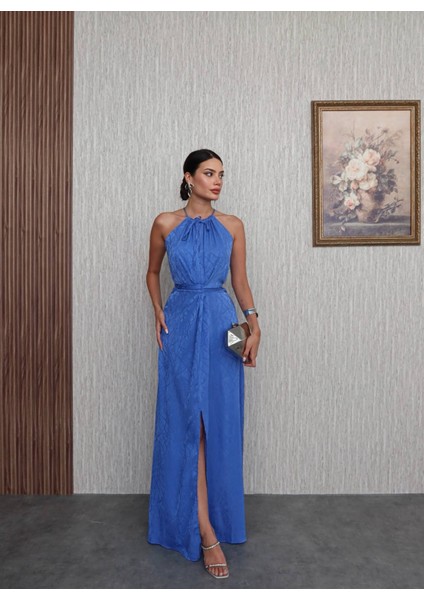 Mavi Bel Bağlamalı Yırtmaçlı Elbise fiyatları