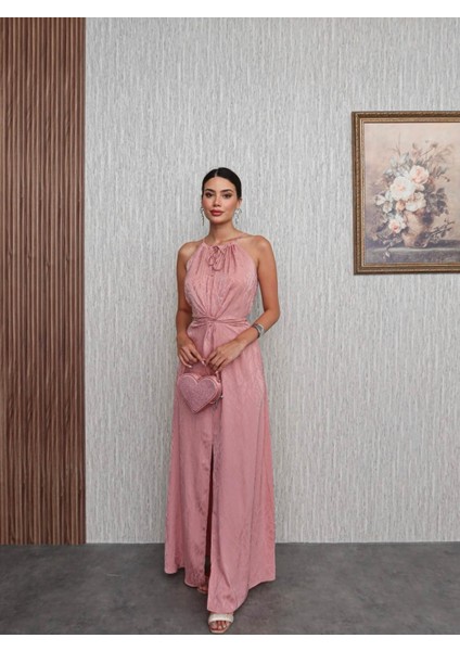 Pembe Bel Bağlamalı Yırtmaçlı Elbise