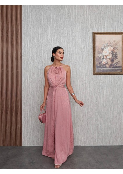 Pembe Bel Bağlamalı Yırtmaçlı Elbise