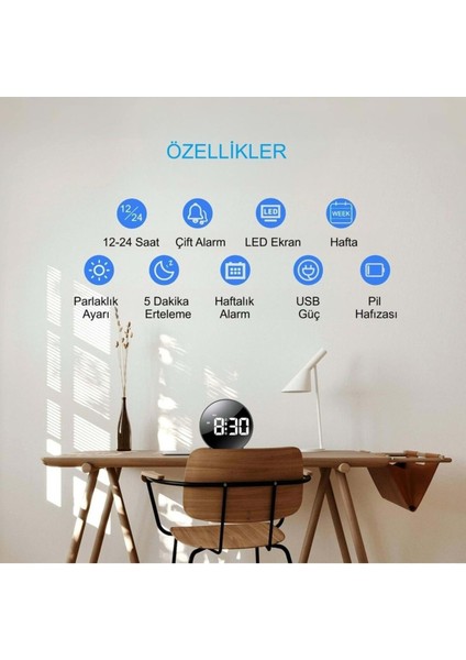 Modern Yuvarlak Siyah Dijital Masa Saati, USB Güç ve Erteleme Özellikli modelleri