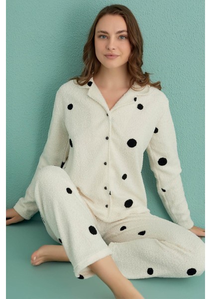 Kadın Uzun Kol Önden Düğmeli Buklet Ekru Pijama Takım C1T1N4O01-1