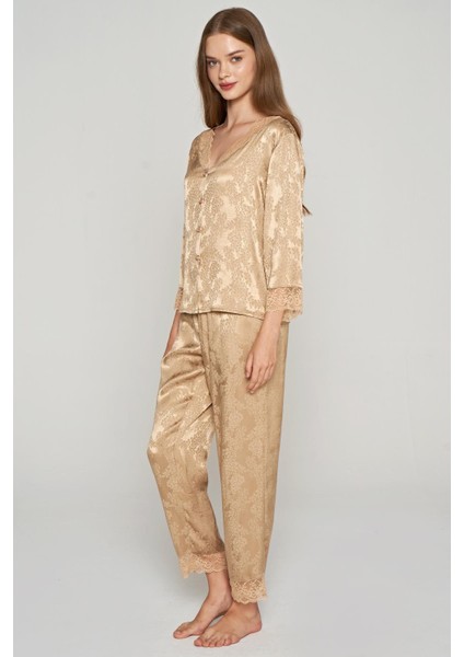 Kadın Uzun Kol Önden Düğmeli Dokuma Jakar Bej Pijama Takım C3T2N1O5 fiyatları