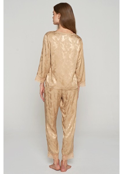 Kadın Uzun Kol Önden Düğmeli Dokuma Jakar Bej Pijama Takım C3T2N1O5 modelleri