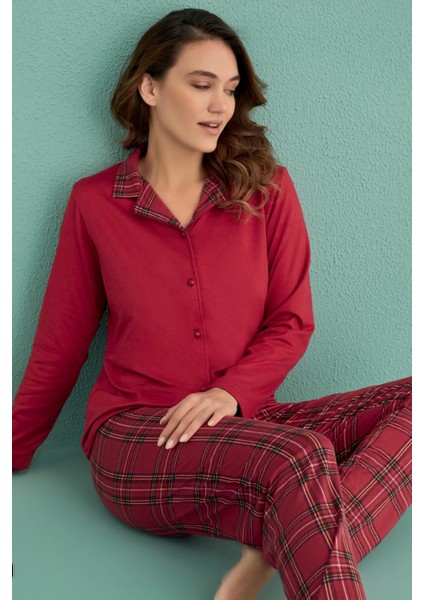 Kadın Uzun Kol Önden Düğmeli Bordo Pijama Takım C1T9N1O01-2