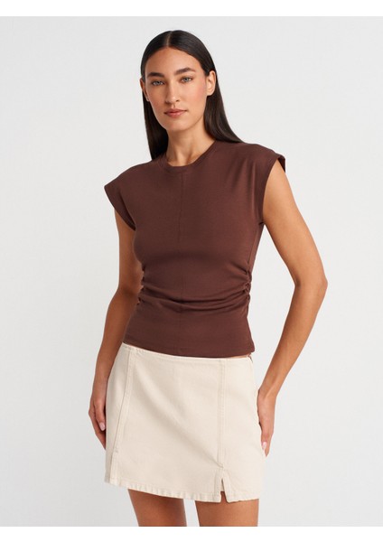 31875 Dikiş Detaylı T-Shirt-Açık Kahve