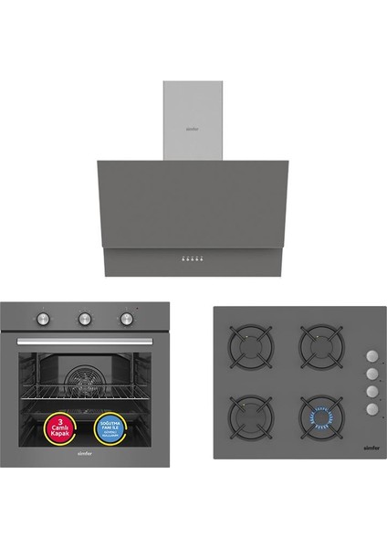 4 Fonksiyon Trend Mekanik Silver 3'lü Ankastre Set (8224 Fırın + 3537 Ocak + 8715 Davlumbaz)