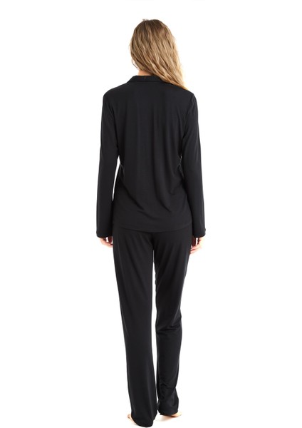 Kadın Önden Düğmeli Uzun Kol Siyah Micro Modal Pijama Takım C6T0N6O15 fiyatları
