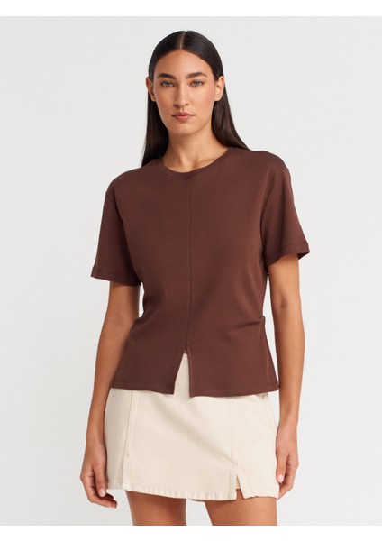31874 Yırtmaç Detaylı T-Shirt-Açık Kahve