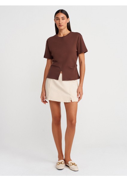 31874 Yırtmaç Detaylı T-Shirt-Açık Kahve fırsatları