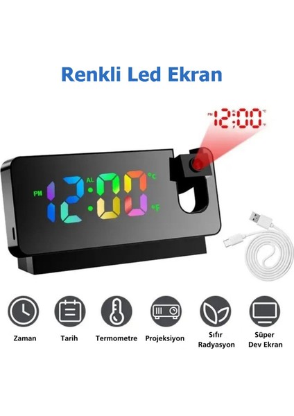 Yansıtmalı Aynalı Projeksiyon Saat, Renkli Ekran, Takvim, Sıcaklık, Hafıza, Pilli