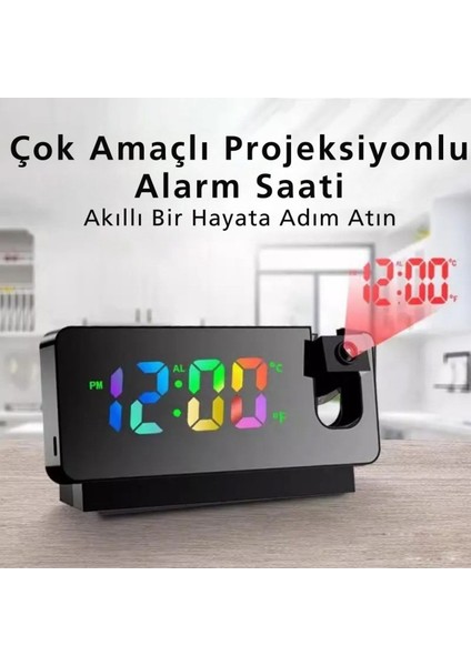 Yansıtmalı Aynalı Projeksiyon Saat, Renkli Ekran, Takvim, Sıcaklık, Hafıza, Pilli