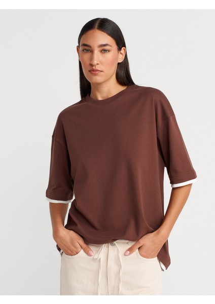 31894 Çift Görünümlü Oversize T-Shirt-Açık Kahve