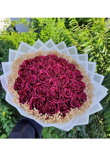 30 Lu LED Işıklı Kenar Süslemeli Solmayan Gül Buketi Bordo Gül Dışı Beyaz