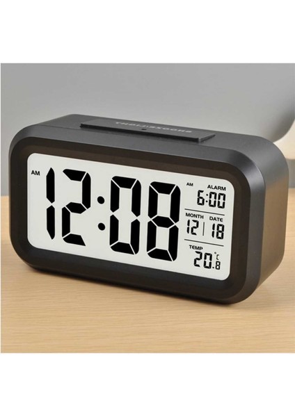 LCD Işıklı Sensörlü Akıllı Dijital Masa Saati, Termometre ve Alarm Özellikli Siyah
