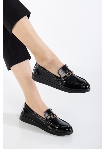 Kadın Hakiki Deri Tokalı Günlük Ayakkabı - Siyah Rugan