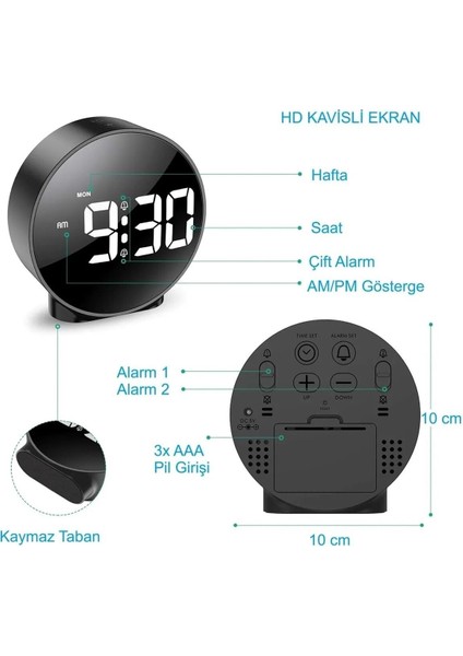 Şık Yuvarlak Siyah Dijital LED Masa Saati, USB Güç, Erteleme, Modern Tasarım