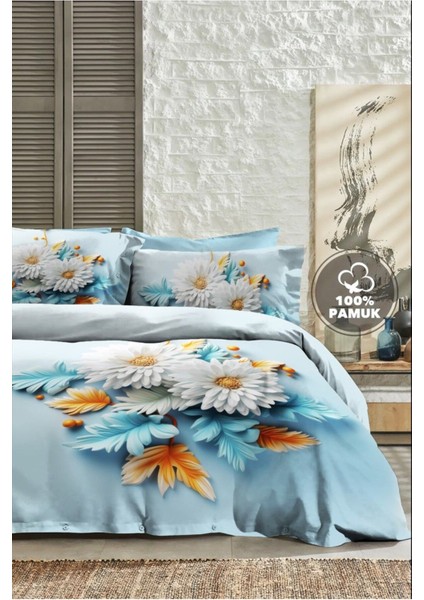 %100 Pamuk Ranforce Çeyizlik Luxury 5d Dijital Çift Kişilik Nevresim Takımı Mavi Papatya