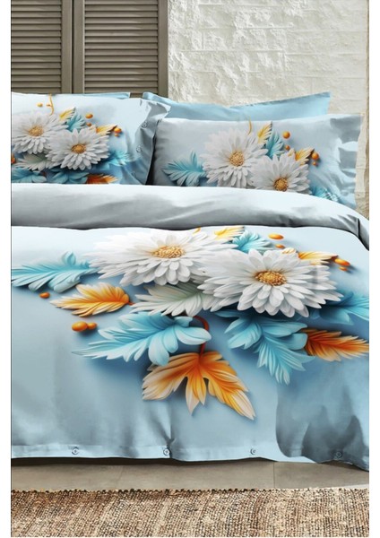 %100 Pamuk Ranforce Çeyizlik Luxury 5d Dijital Çift Kişilik Nevresim Takımı Mavi Papatya fiyatları