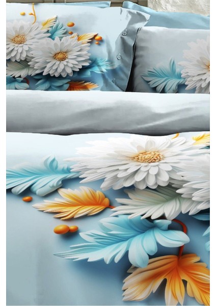 %100 Pamuk Ranforce Çeyizlik Luxury 5d Dijital Çift Kişilik Nevresim Takımı Mavi Papatya modelleri