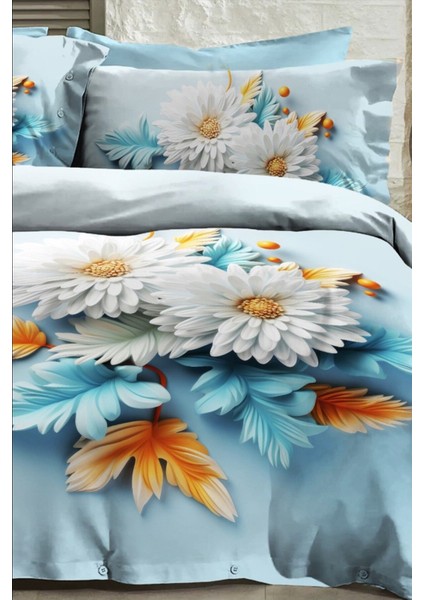 %100 Pamuk Ranforce Çeyizlik Luxury 5d Dijital Çift Kişilik Nevresim Takımı Mavi Papatya fırsatları