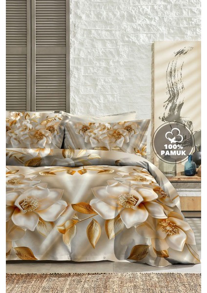 %100 Pamuk Ranforce Çeyizlik Luxury 5d Dijital Çift Kişilik Nevresim Takımı Gold