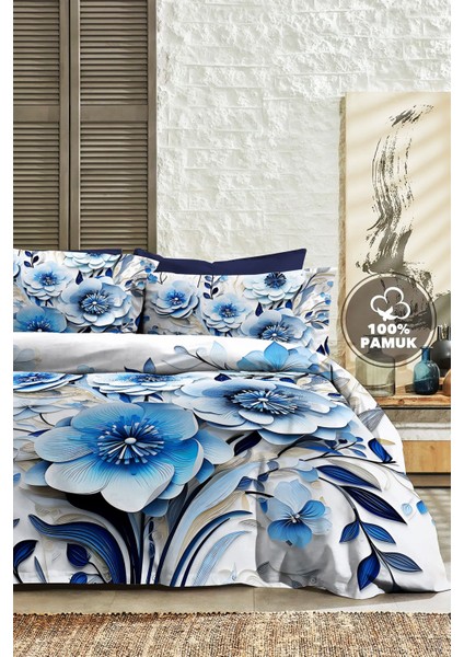 %100 Pamuk Ranforce Çeyizlik Luxury 5d Dijital Çift Kişilik Nevresim Takımı Blue
