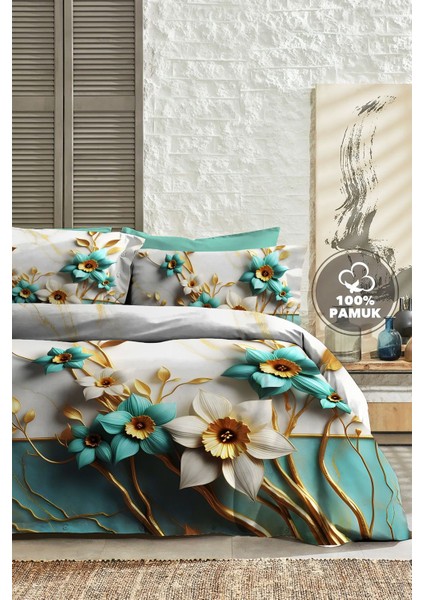 %100 Pamuk Ranforce Çeyizlik Luxury 5d Dijital Çift Kişilik Nevresim Takımı Turkuaz