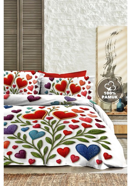 %100 Pamuk Ranforce Çeyizlik Luxury 5d Dijital Çift Kişilik Nevresim Takımı Embroidered Heart