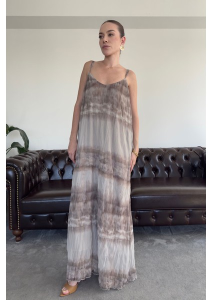 Askılı Desenli Şifon Elbise- Füme