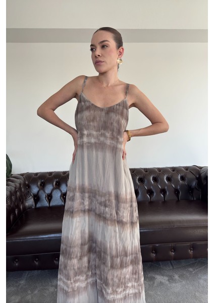 Askılı Desenli Şifon Elbise- Füme fiyatları