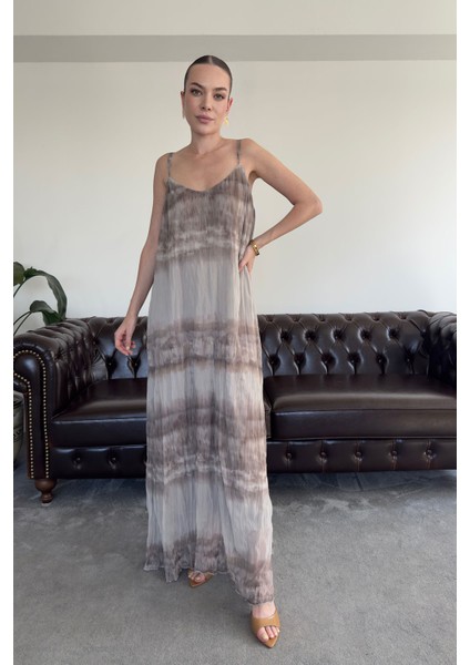 Askılı Desenli Şifon Elbise- Füme modelleri