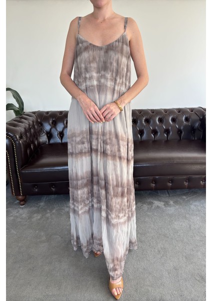 Askılı Desenli Şifon Elbise- Füme fırsatları