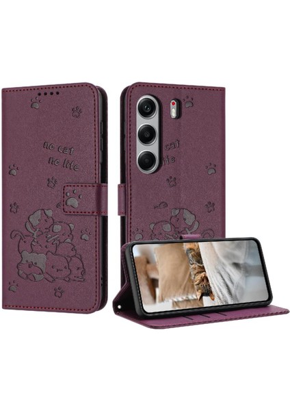 Tecno Camon 40 4g Için Flip Case Pu Deri Deri Cüzdan Sevimli Kedi Kartı (Yurt Dışından)