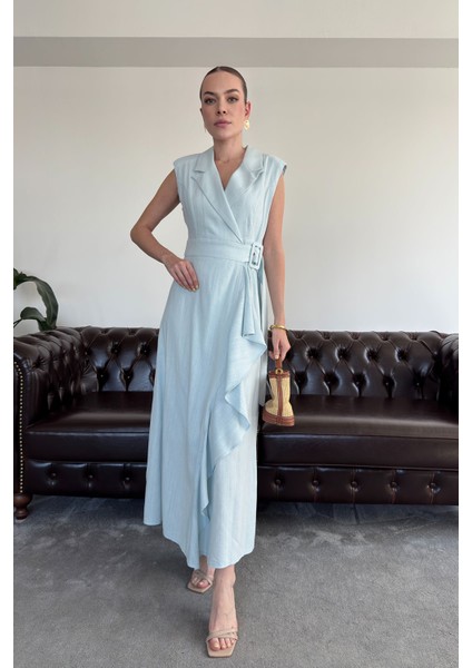 Kruvaze Kemer Tokalı Premium Keten Elbise- Bebe Mavisi