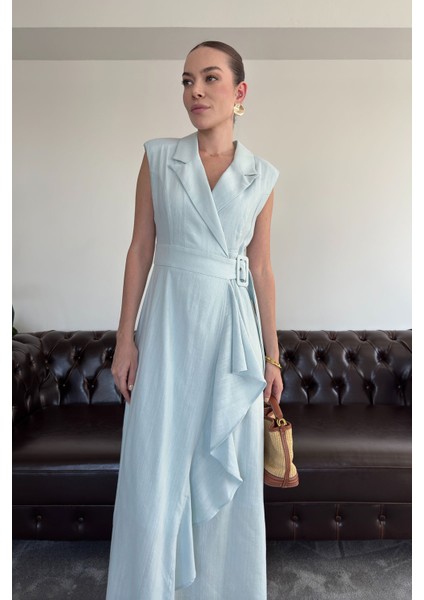 Kruvaze Kemer Tokalı Premium Keten Elbise- Bebe Mavisi fiyatları