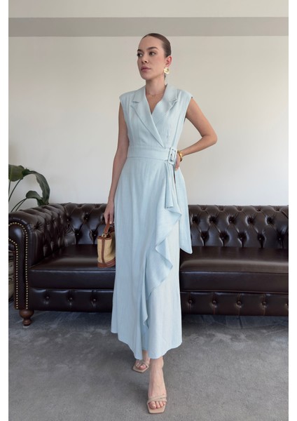 Kruvaze Kemer Tokalı Premium Keten Elbise- Bebe Mavisi modelleri