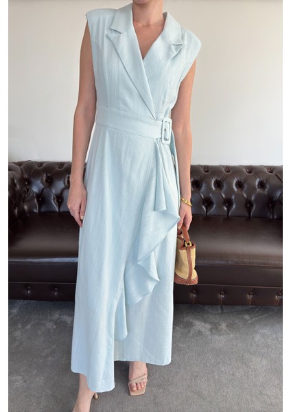 Kruvaze Kemer Tokalı Premium Keten Elbise- Bebe Mavisi fırsatları