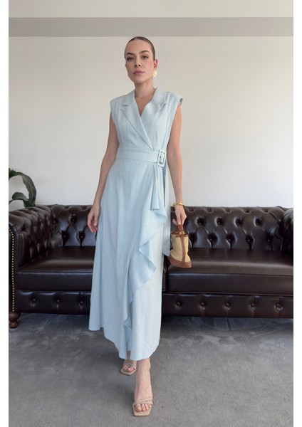 Kruvaze Kemer Tokalı Premium Keten Elbise- Bebe Mavisi indirimleri