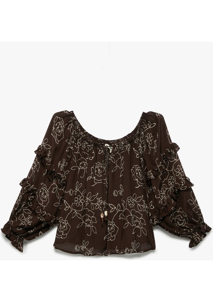 Viskon Krinkle Kumaş Fırfırlı 3/4 Balon Kol Çiçek Işlemeli Yuvarlak Yaka Bluz