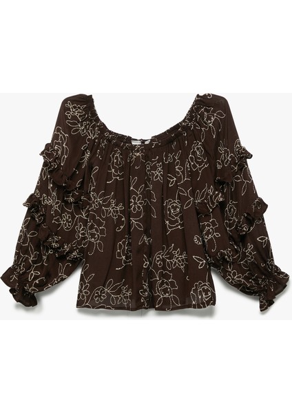 Viskon Krinkle Kumaş Fırfırlı 3/4 Balon Kol Çiçek Işlemeli Yuvarlak Yaka Bluz fiyatları