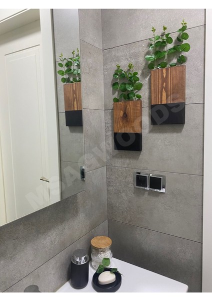 Ahşap 2'li Ahşap Çiçeklik Mutfak Banyo Yapay Çiçek Balkon Kış Bahçesi Ev Hediyesi Çeyiz Bohem Rusti