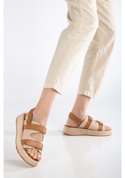 Kadın Hakiki Deri Cırtlı Kalın Taban Sandalet - Bej fiyatları