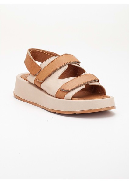 Kadın Hakiki Deri Cırtlı Kalın Taban Sandalet - Bej fırsatları