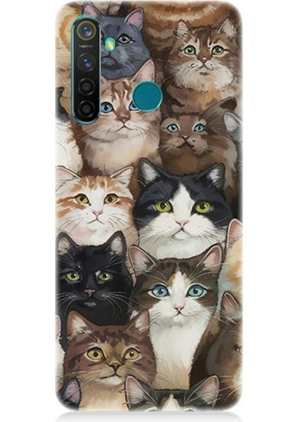 Realme 5 Pro Uyumlu Kedi Kalabalığında Kaos Desenli Silikon Kılıf