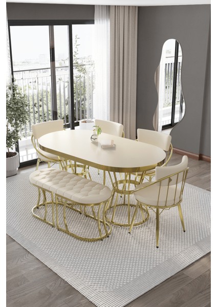 ZÜMRÜT Mutfak Masası Takımı, Salon Masası Takımı ,6 Kişilik Gold Salon Masası Takımı BENCHLİ