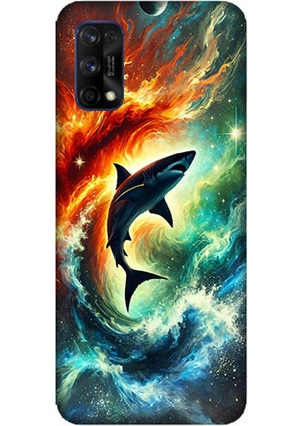 Realme 7 Pro Uyumlu Ateşle Dans Eden Köpekbalığı Desenli Silikon Kılıf